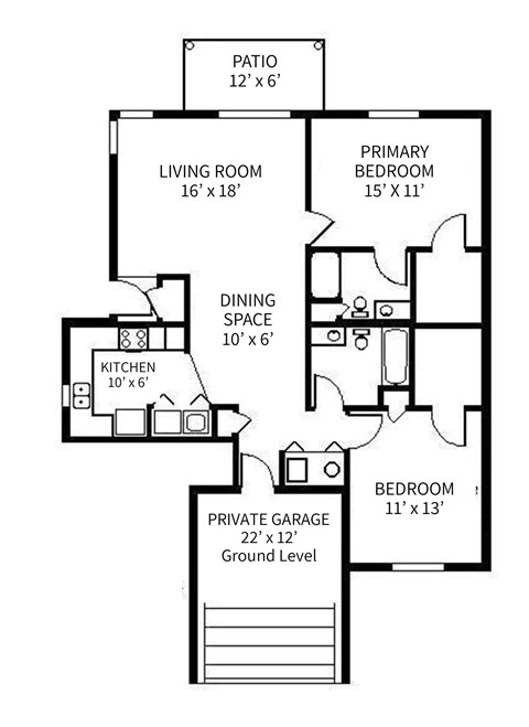 Floor plan for 2 beds, 2 baths, 1115 sqft